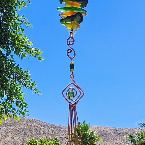 Hand crafted beautiful green and yellow with textured copper tree Ornament. - Picture 5 of 6